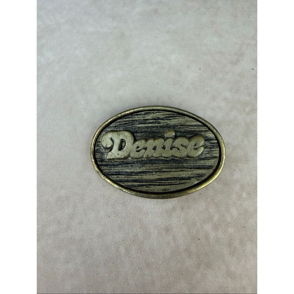 Vintage 1970s Denise Belt Buckle Gold Tone Groovy Lettering Mod MCM